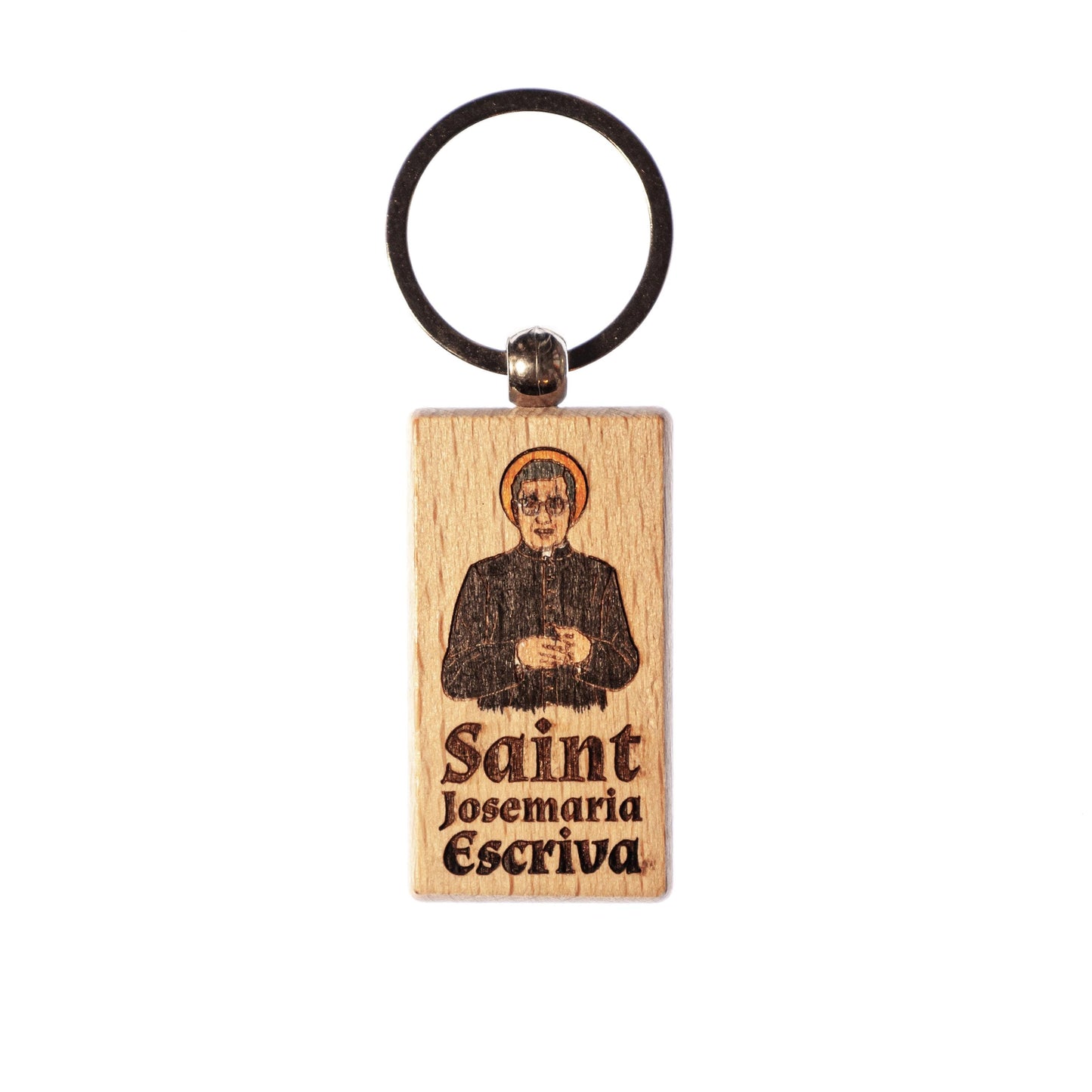 Saint Josemaria Escriva, Hand-Colored, Solid Wood Keychain, Engraved in the USA, Catholic