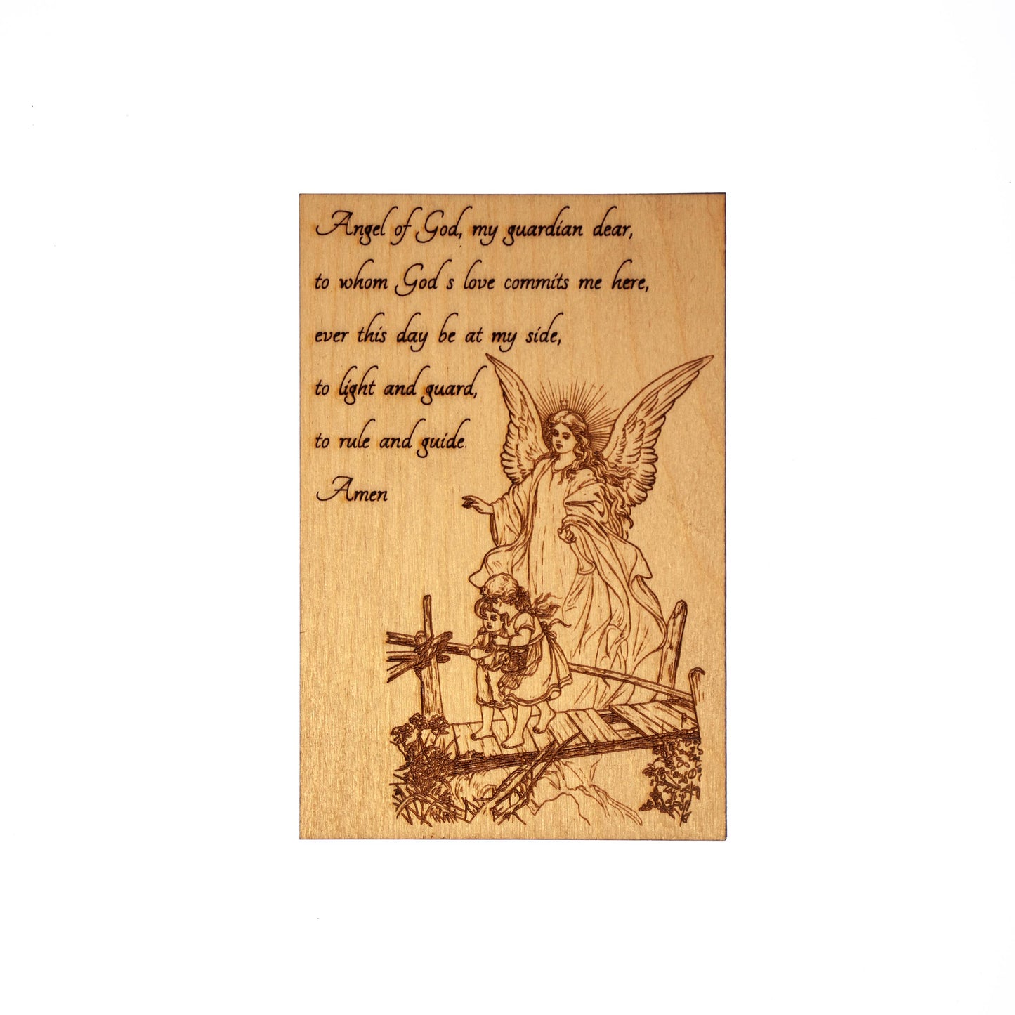 Guardian Angel Mini Wall Hanging – Hand-Colored - 4x6 Engraved Birch Wood Plaque – Made in the USA by SercelPress™ – Catholic Gift
