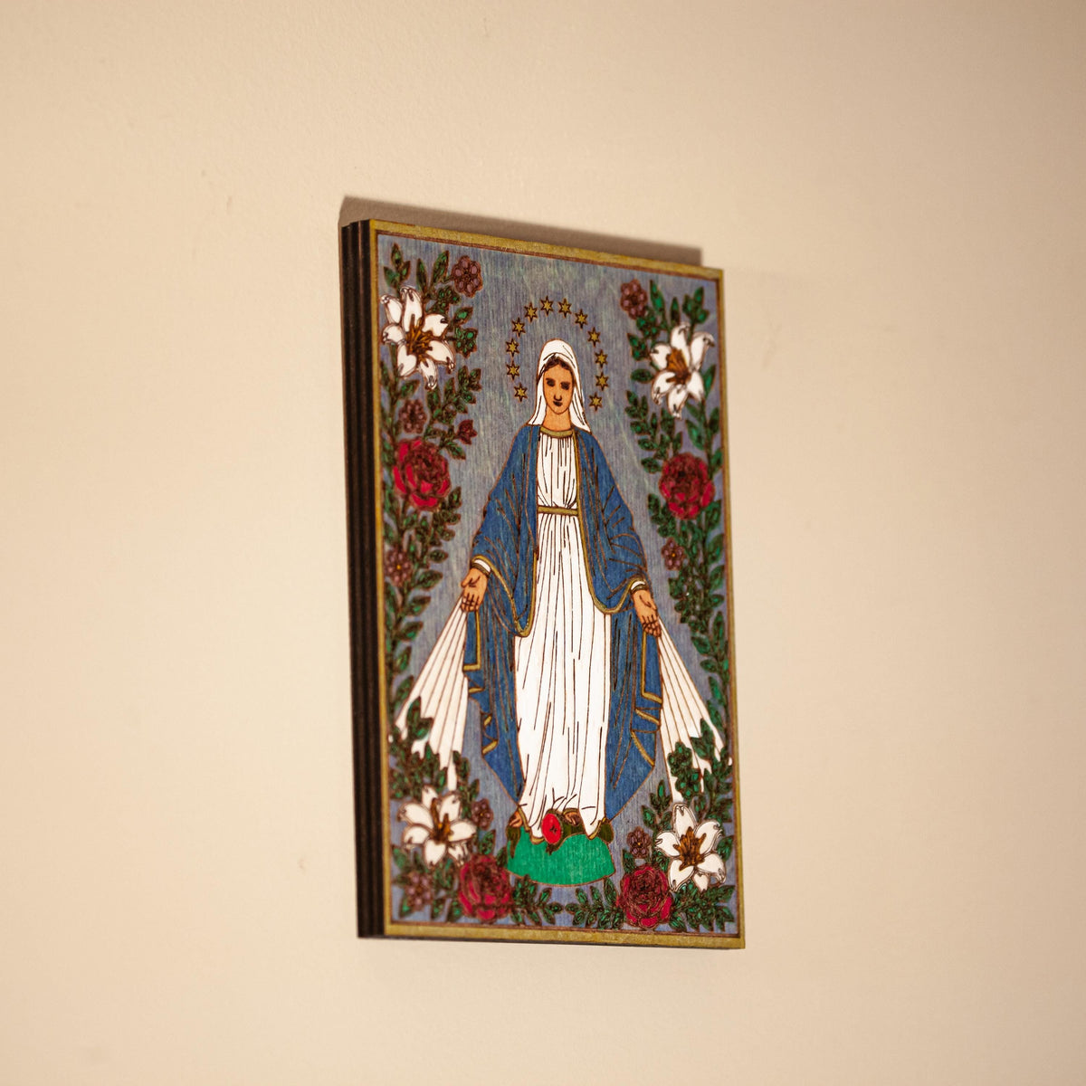 Our Lady of Grace Mini Wall Hanging β Hand-Colored 4x6 Engraved Birch Wood Plaque β Catholic Wall Art β Made in the USA
