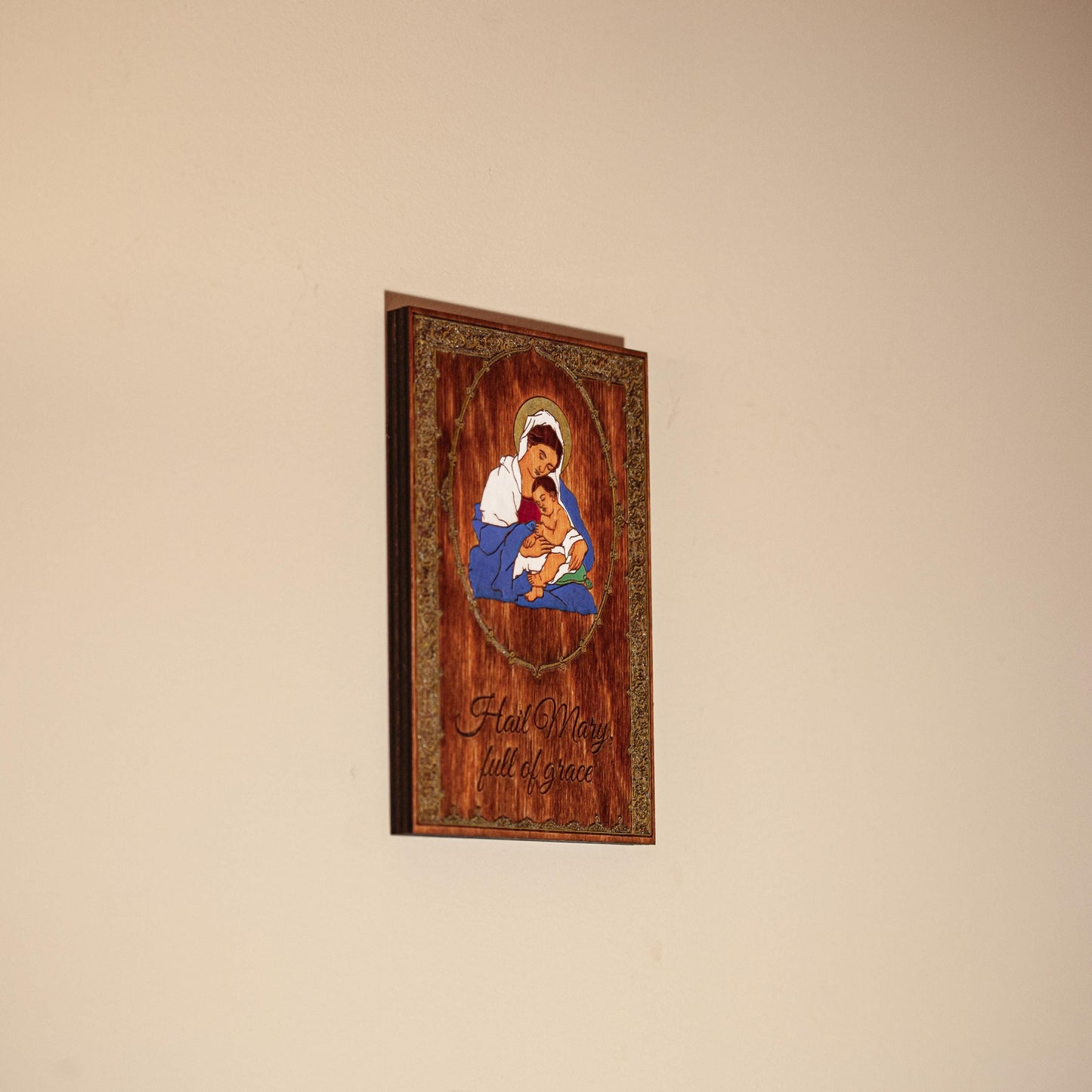 Hand-Colored Hail Mary Madonna and Child Wall Art – 4x6 Engraved Birch Wood Catholic Wall Art – Hand-Colored Marian Art – Made in the USA