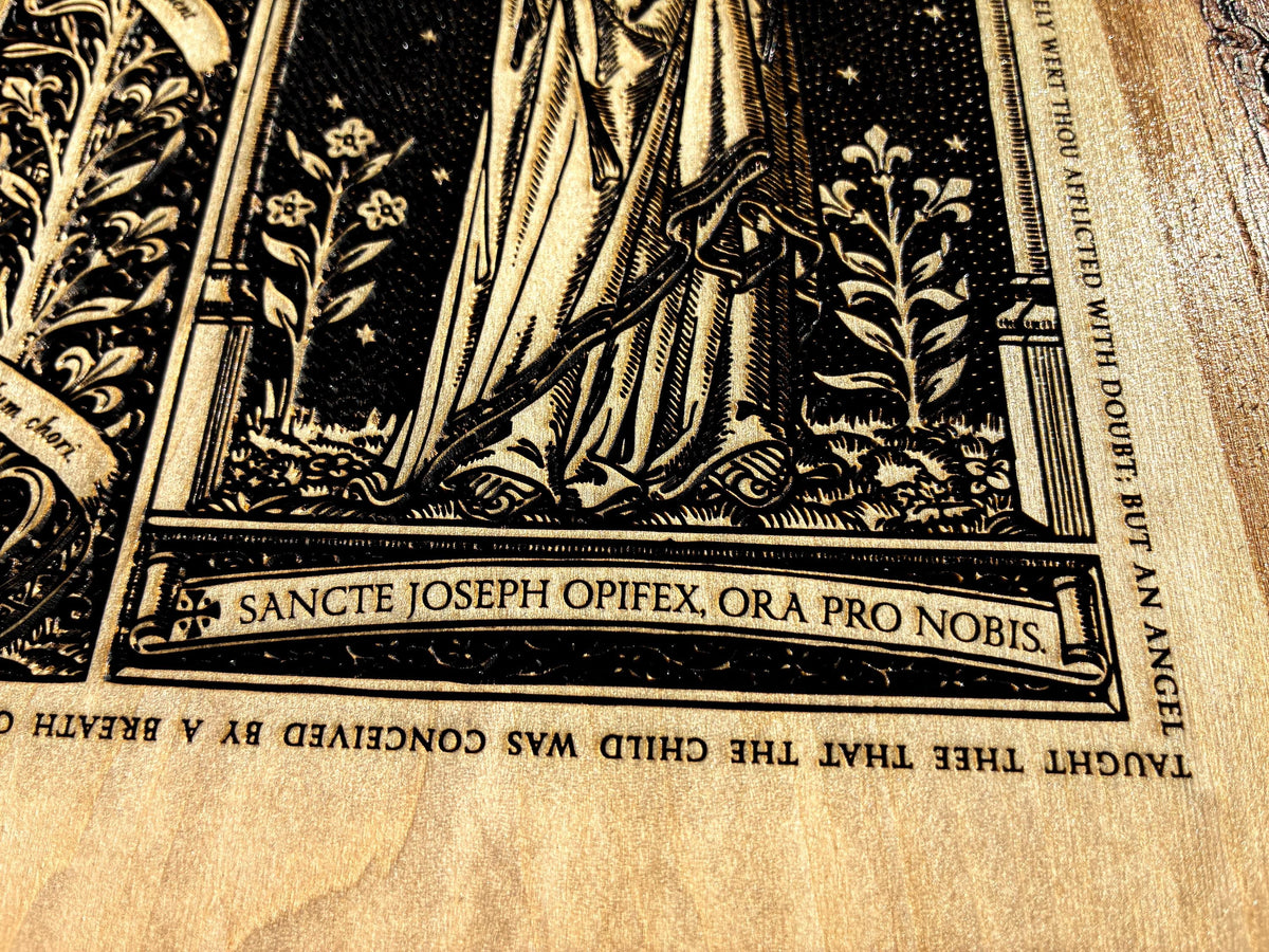 Saint Joseph the Worker Live Edge Wood Wall Art β Large 10x13 Laser Engraved Catholic Plaque β Rustic Bark Edge β Made in the USA