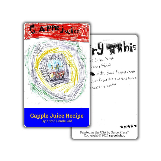Gapple Juice Recipe, By a 2nd Grade Kid, Durable Plastic Recipe Card, Fun Cards!