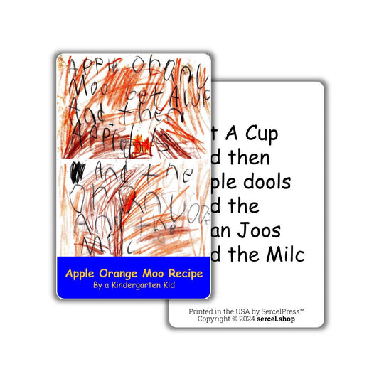 Apple Orange Moo Recipe, by a Kindergarten Kid, Durable Plastic Recipe Card, Fun Cards!