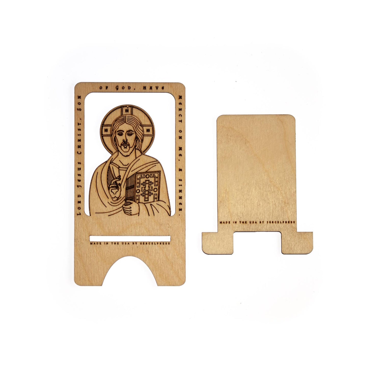 Wooden Jesus Prayer Phone Stand | Laser‑Engraved Baltic Birch | Made in USA | Christian Gift, Traditional Prayer Stand, Desktop Devotion