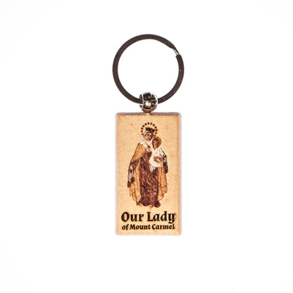 Our Lady of Mount Carmel, Hand-Colored, Solid Wood Keychain, Engraved in the USA, Catholic