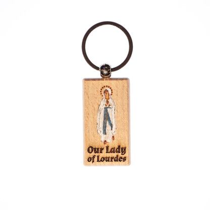 Our Lady of Lourdes, Hand-Colored, Solid Wood Keychain, Engraved in the USA, Catholic