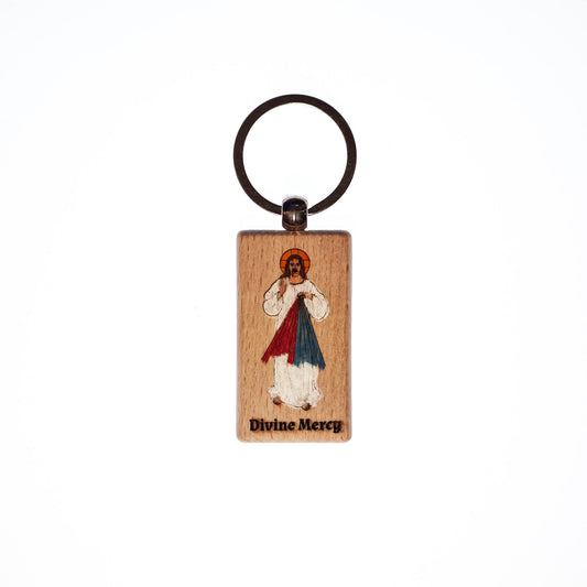 Divine Mercy, Jesus I Trust in You, Hand-Colored, Solid Wood Keychain, Engraved in the USA, Catholic