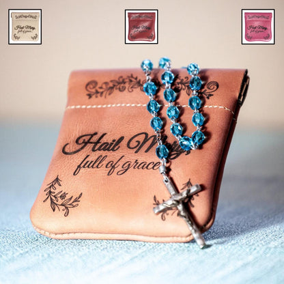 Hail Mary, Full of Grace, Genuine Leather Engraved Rosary Pouch, Handmade in the USA, Catholic