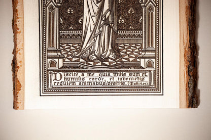 Sacred Heart of Jesus, Learn From Me (Matthew) 8" x 11" Laser-Engraved Wood Wall Art with Bark Edge, Engraved in the USA, Catholic Living
