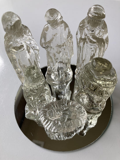 Vintage Set/7 Glass Nativity W/Mirror