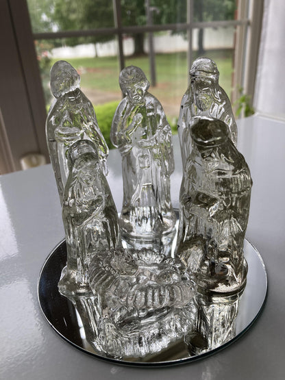 Vintage Set/7 Glass Nativity W/Mirror