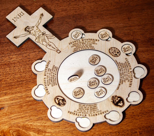Interactive Wooden Rosary Board, 9x13" | Catholic Family Tabletop Rosary | Laser Engraved Baltic Birch | Made in the USA | Catholic Living