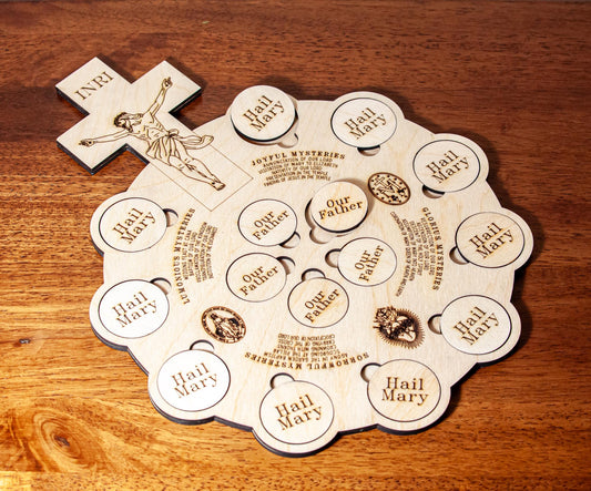 Interactive Wooden 5-Decade Rosary Board, 10x13" | Catholic Family Tabletop Rosary Puzzle | Laser Engraved Baltic Birch | Made in the USA