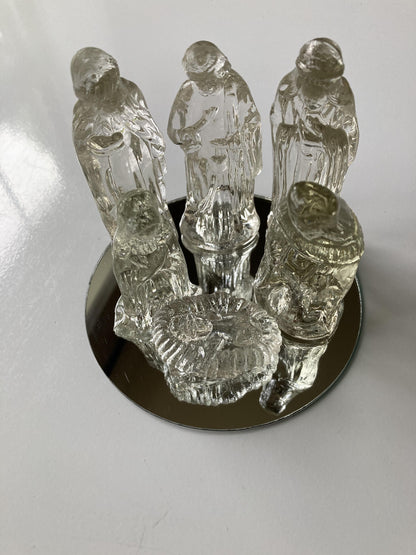 Vintage Set/7 Glass Nativity W/Mirror