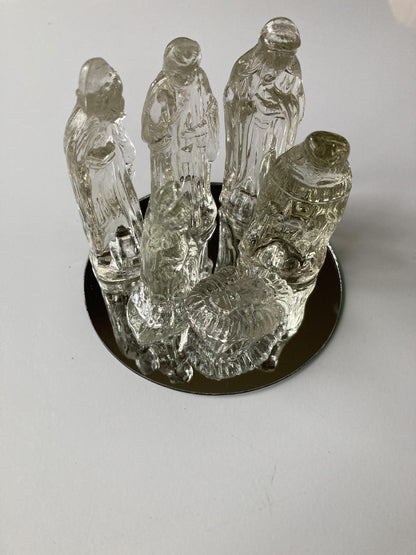 Vintage Set/7 Glass Nativity W/Mirror