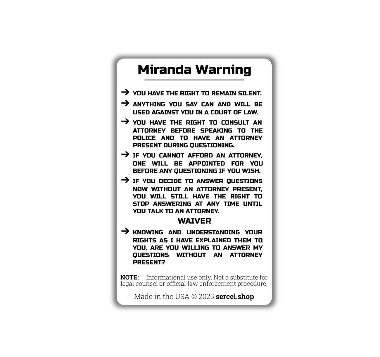 Miranda Warning Card – Durable Wallet/Pocket Card  – Know Your Rights Card for Police, Legal Aid, Law Enforcement, Attorneys, Made in USA
