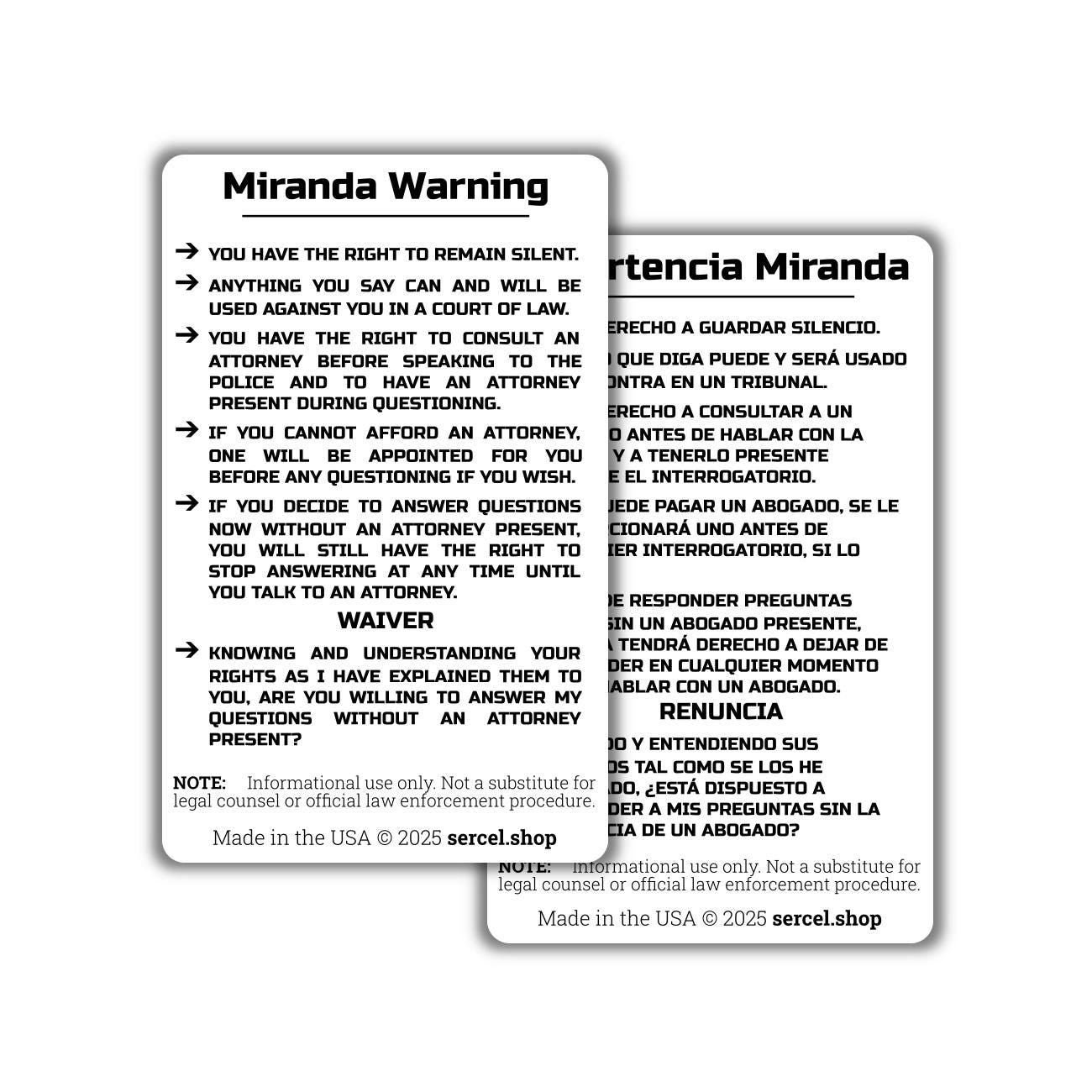 Miranda Warning Bilingual English-Spanish Wallet Card — Durable Plastic Know Your Rights Card for Police, Legal Aid, Attorneys, Made in USA
