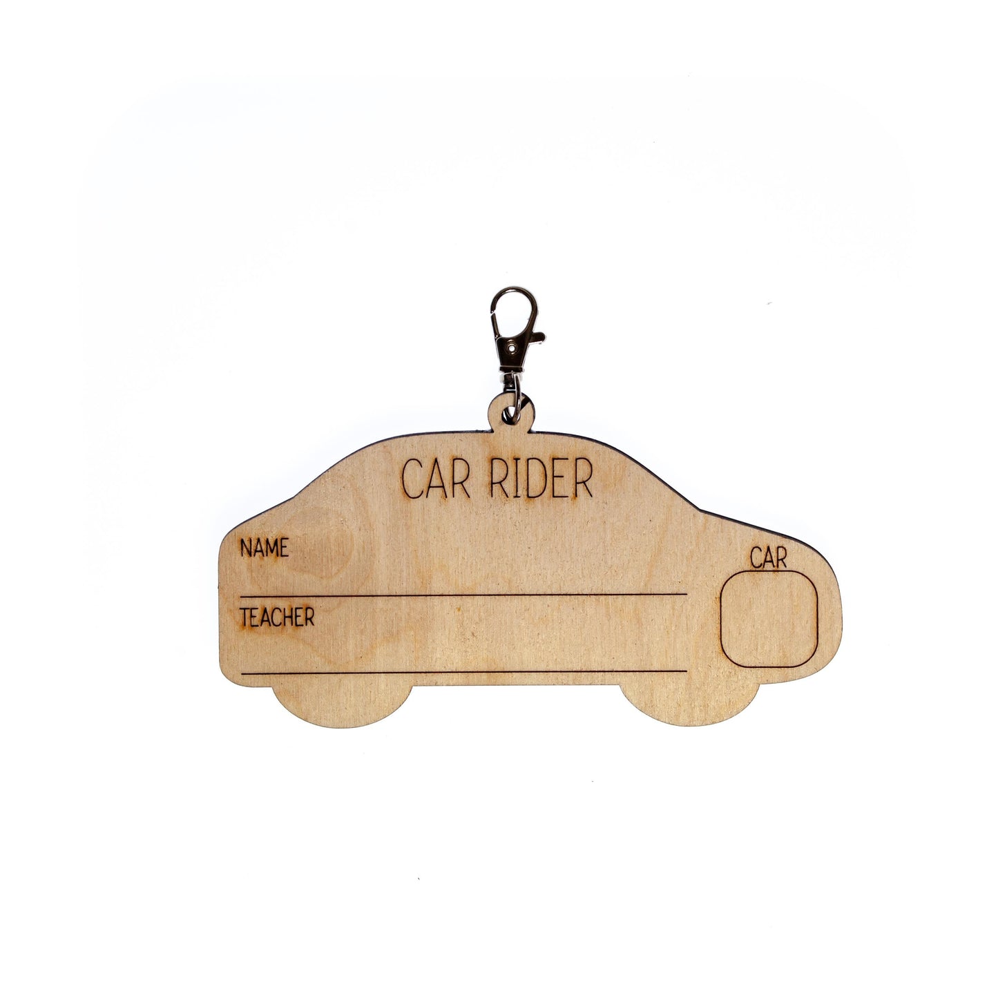 Car Rider or Bus Rider Backpack Tag – School Dismissal Clip-On Tag – Laser Engraved Wood ID with Lobster Clasp – Write-On Teacher Kit