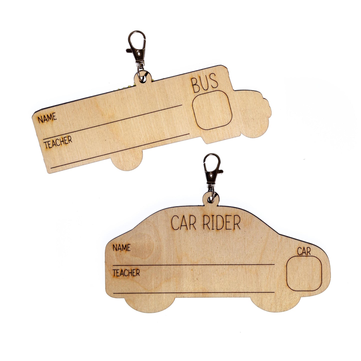 Car Rider or Bus Rider Backpack Tag – School Dismissal Clip-On Tag – Laser Engraved Wood ID with Lobster Clasp – Write-On Teacher Kit
