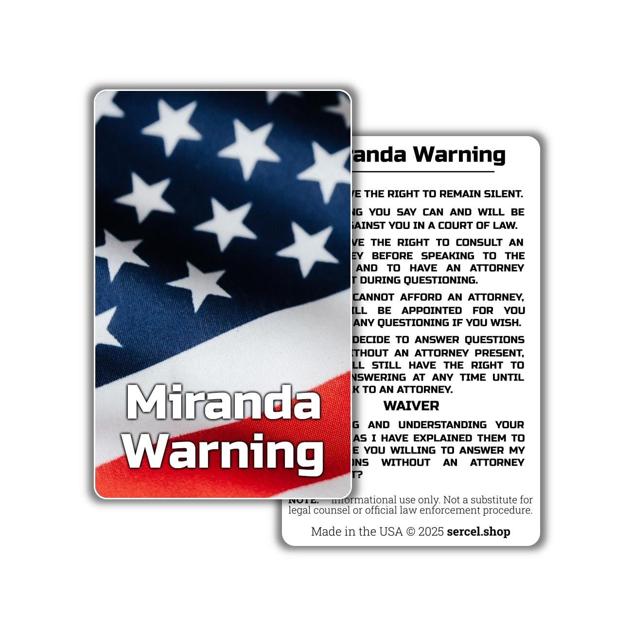 Miranda Warning Card – Durable Wallet/Pocket Card  – Know Your Rights Card for Police, Legal Aid, Law Enforcement, Attorneys, Made in USA