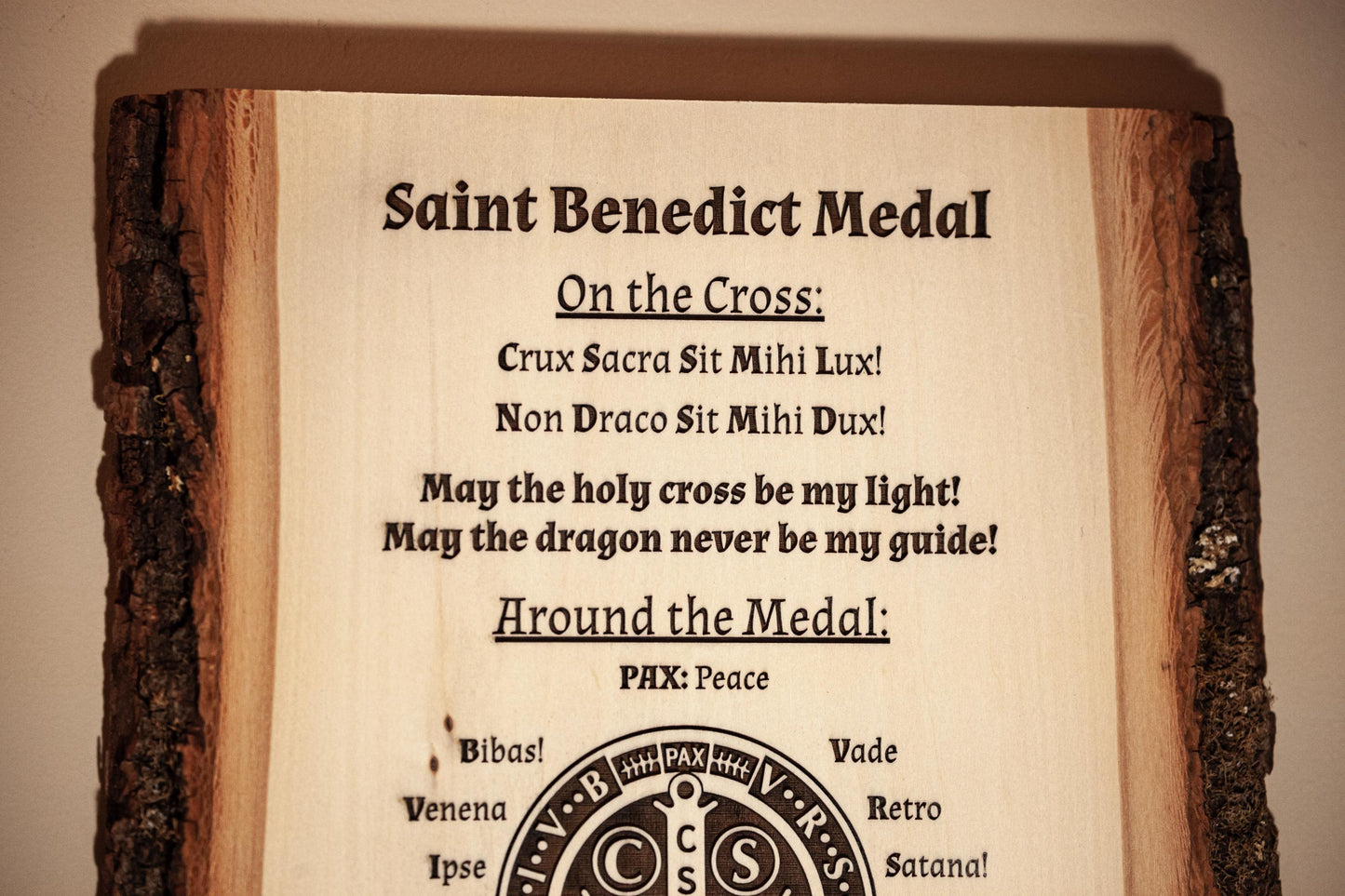 Saint Benedict Medal Explained, 10" x 13" Laser-Engraved Wood Wall Art with Bark Edge, Engraved in the USA, Catholic Living