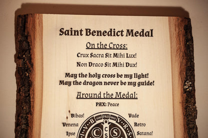 Saint Benedict Medal Explained, 10" x 13" Laser-Engraved Wood Wall Art with Bark Edge, Engraved in the USA, Catholic Living