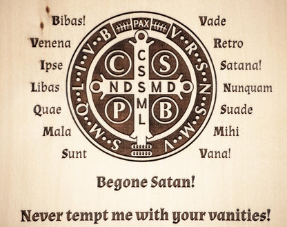 Saint Benedict Medal Explained, 10" x 13" Laser-Engraved Wood Wall Art with Bark Edge, Engraved in the USA, Catholic Living