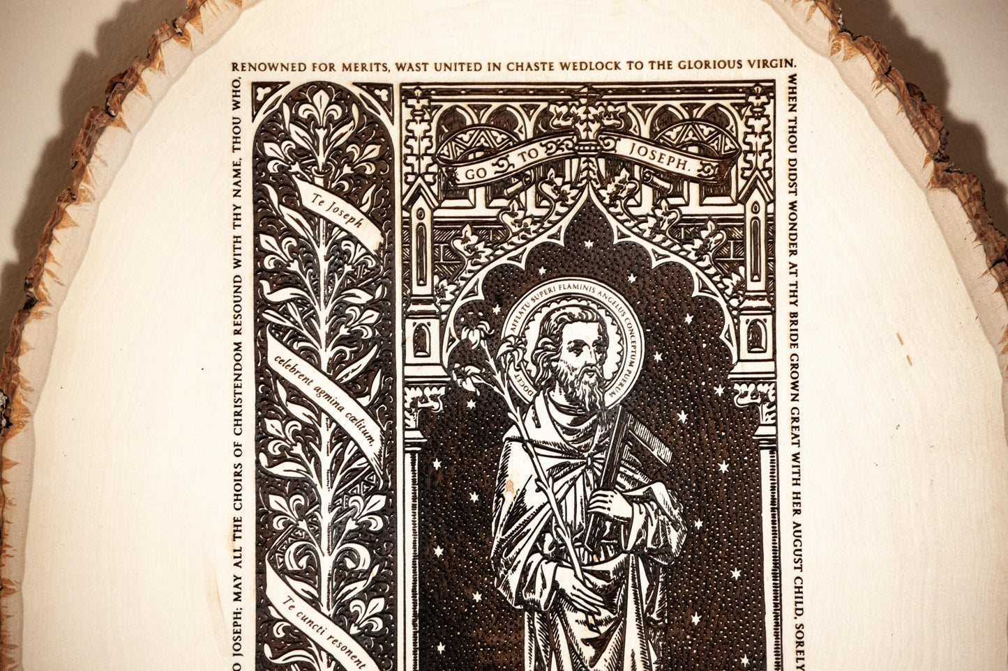 Saint Joseph the Worker, 10 x 13 inch Laser-Engraved Wood Wall Art with Rustic Bark Edge, Engraved in the USA, Catholic Living