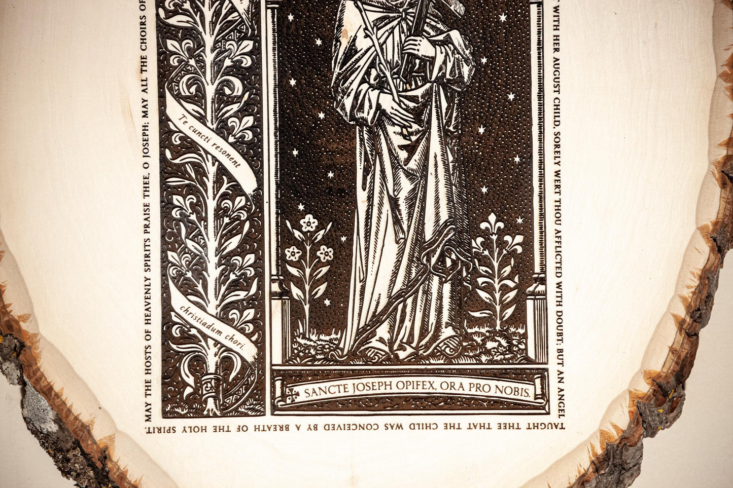 Saint Joseph the Worker, 10 x 13 inch Laser-Engraved Wood Wall Art with Rustic Bark Edge, Engraved in the USA, Catholic Living