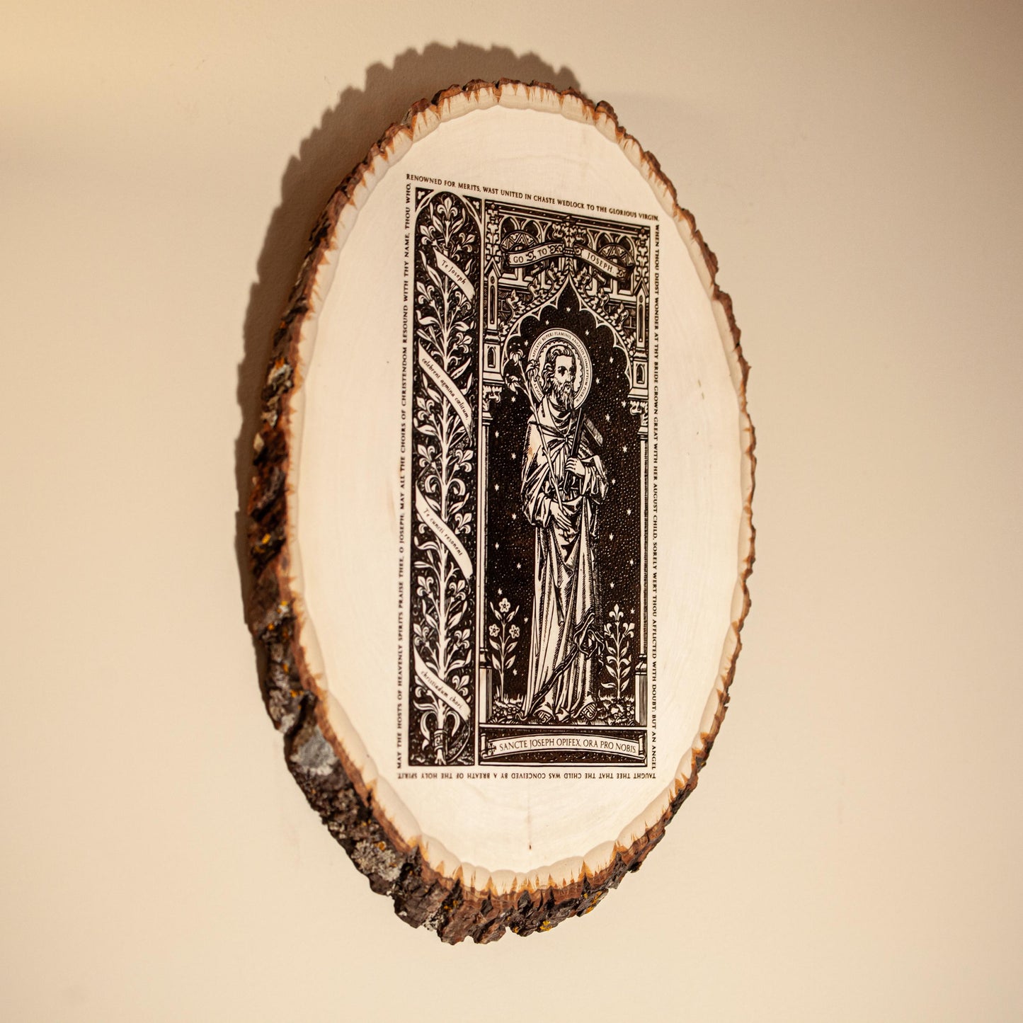Saint Joseph the Worker, 10 x 13 inch Laser-Engraved Wood Wall Art with Rustic Bark Edge, Engraved in the USA, Catholic Living