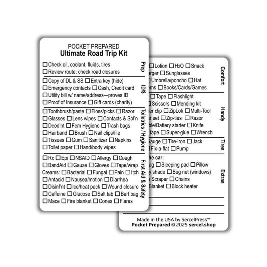 Ultimate Road Trip Wallet Card – Durable Travel Checklist Card – Roadside Emergency, Packing, Vehicle Prep – Pocket-Sized Plastic Card
