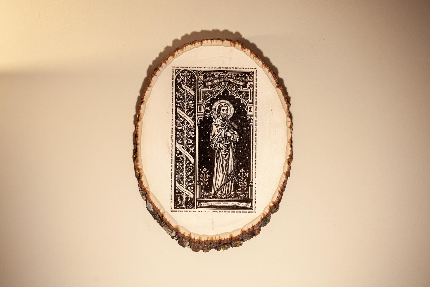 Saint Joseph the Worker, 10 x 13 inch Laser-Engraved Wood Wall Art with Rustic Bark Edge, Engraved in the USA, Catholic Living