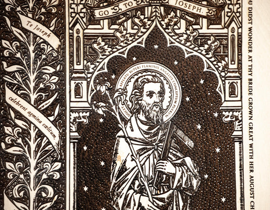 Saint Joseph the Worker, 10 x 13 inch Laser-Engraved Wood Wall Art with Rustic Bark Edge, Engraved in the USA, Catholic Living