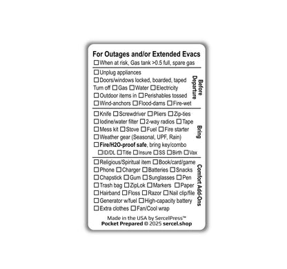 Disaster Evacuation Checklist Card – Emergency Prep Wallet Card – Waterproof Plastic – Pocket-Sized Bug Out List – Pocket Prepared