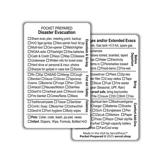 Disaster Evacuation Checklist Card – Emergency Prep Wallet Card – Waterproof Plastic – Pocket-Sized Bug Out List – Pocket Prepared