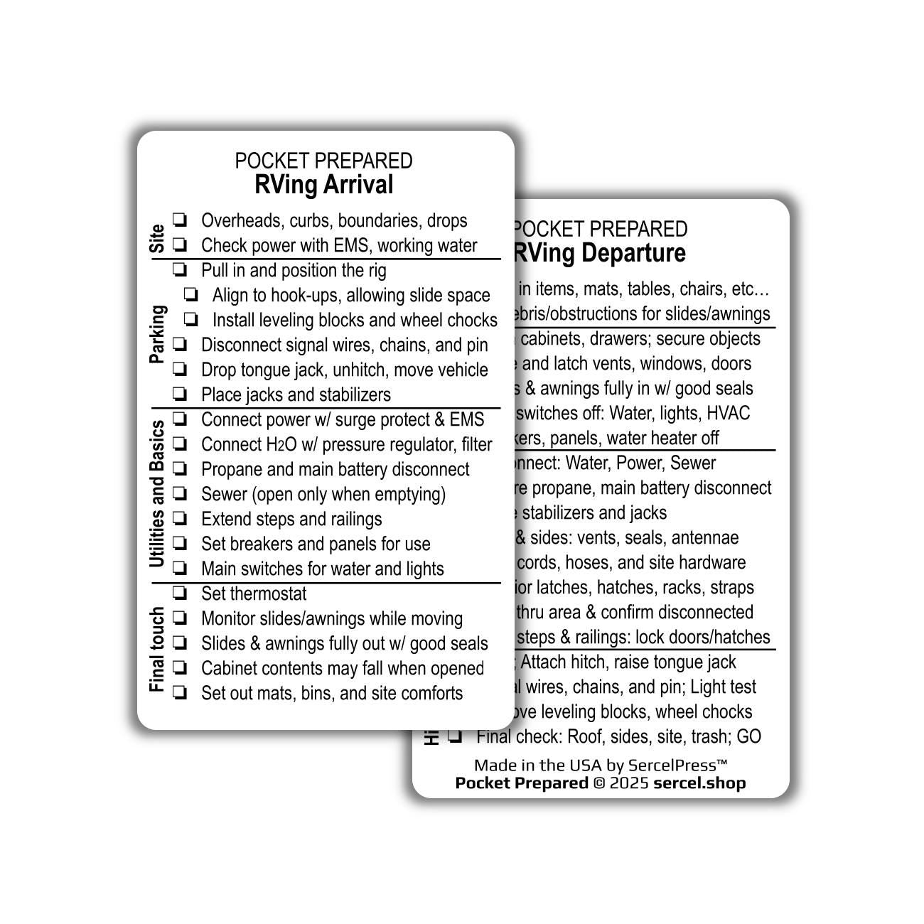 RV Setup & Departure Checklist Card – Waterproof Wallet-Sized RV Travel Prep Card – Camper Setup Reminder – Plastic Wallet Card