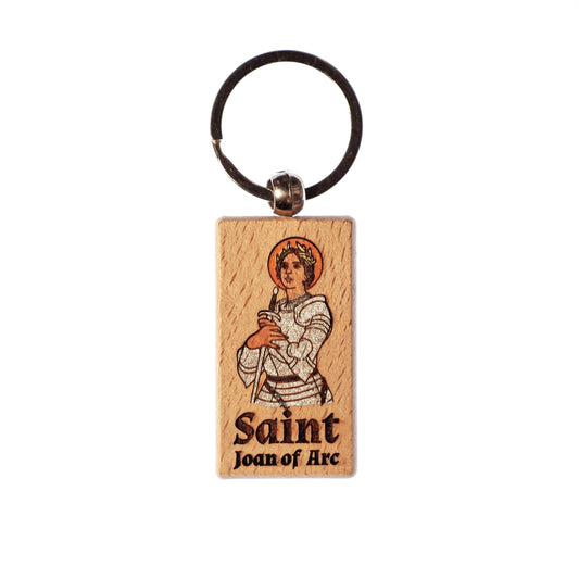 Saint Joan of Arc, Hand-Colored, Solid Wood Keychain, Engraved in the USA, Catholic