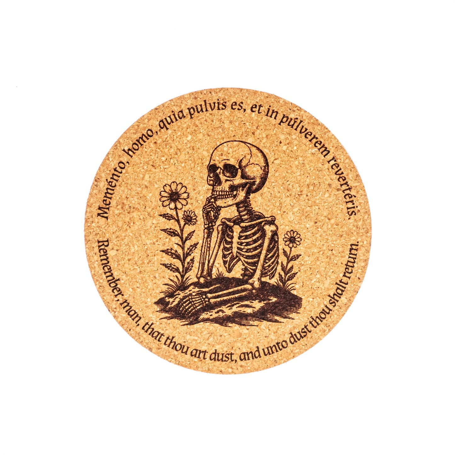 Memento Mori Catholic Coaster – Laser Engraved Cork – Latin & English “Remember, man, that thou art dust” – Handmade Faith Decor