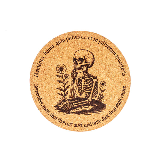 Memento Mori Catholic Coaster – Laser Engraved Cork – Latin & English “Remember, man, that thou art dust” – Handmade Faith Decor