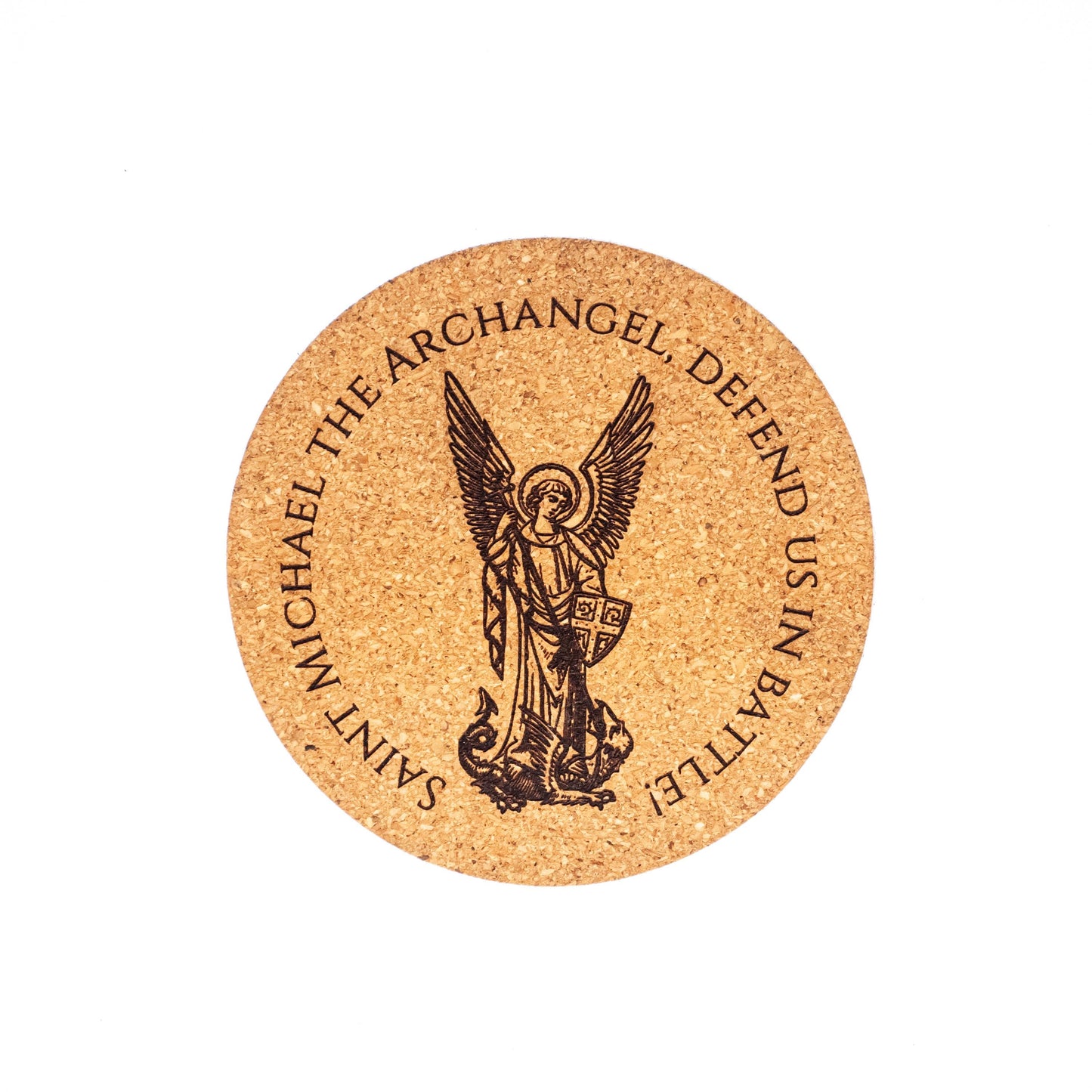 St. Michael the Archangel Catholic Coaster – Laser Engraved Cork Drink Coaster – Spiritual Home Decor Gift – Desk, Kitchen, End Table