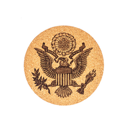 Great Seal of the United States Coaster – Laser Engraved Cork – Patriotic Drink Coaster – Handmade Decor for Office, Kitchen, Desk