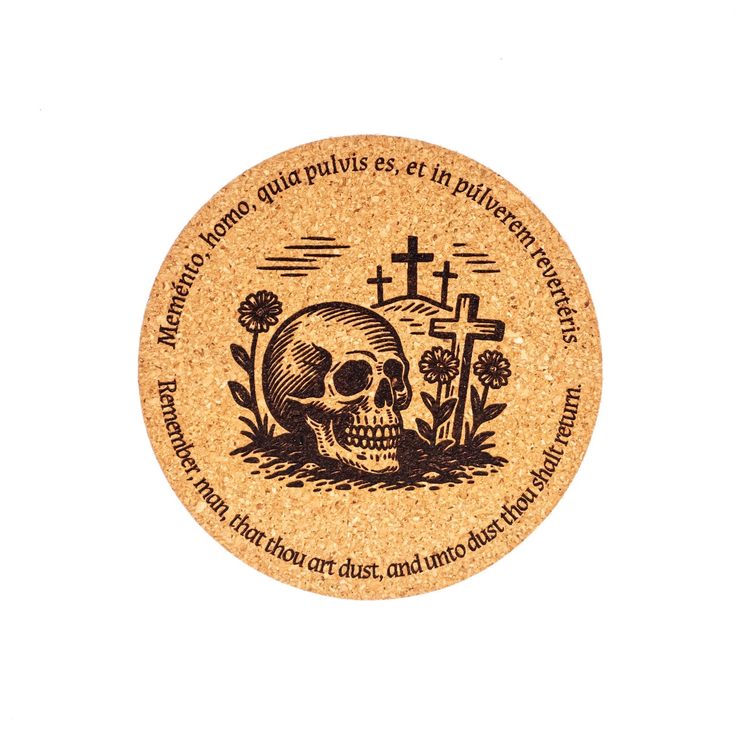 Memento Mori Catholic Coaster – Skull and Crosses Design – Laser Engraved Cork – Latin & English “Remember, Man, That Thou Art Dust”
