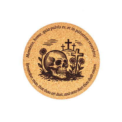 Memento Mori Catholic Coaster – Skull and Crosses Design – Laser Engraved Cork – Latin & English “Remember, Man, That Thou Art Dust”