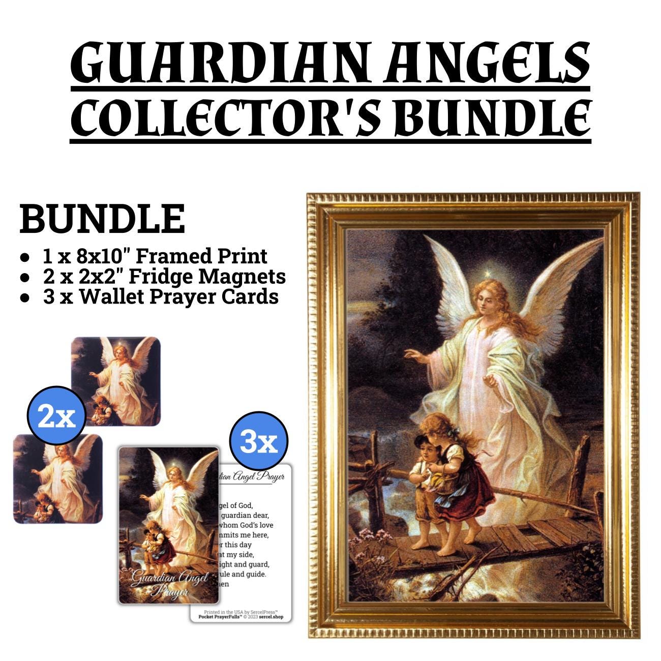 Guardian Angels Collector’s Bundle – Framed Religious Art, Magnets & Prayer Cards – Handmade Angels Gift Set