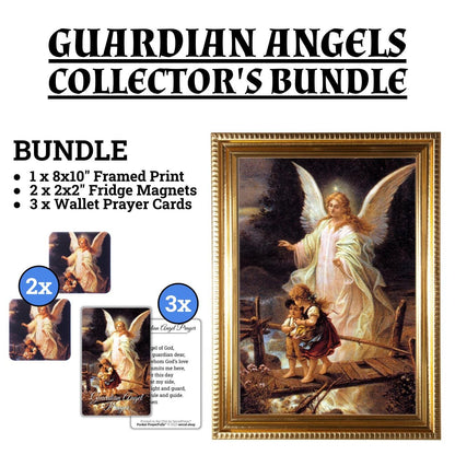 Guardian Angels Collector’s Bundle – Framed Religious Art, Magnets & Prayer Cards – Handmade Angels Gift Set