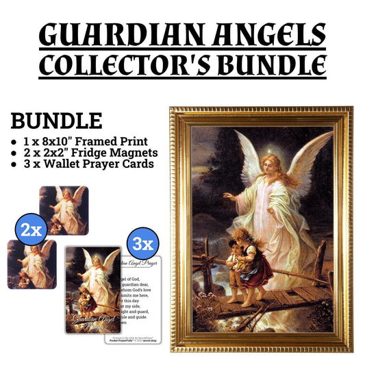 Guardian Angels Collector’s Bundle – Framed Religious Art, Magnets & Prayer Cards – Handmade Angels Gift Set