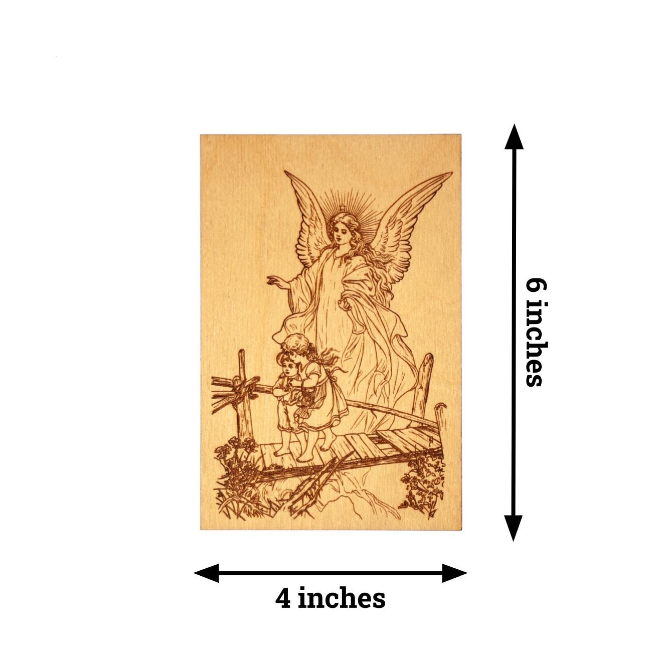 Guardian Angel Mini Wall Hanging – Hand-Colored - 4x6 Engraved Birch Wood Plaque – Made in the USA by SercelPress™ – Catholic Gift