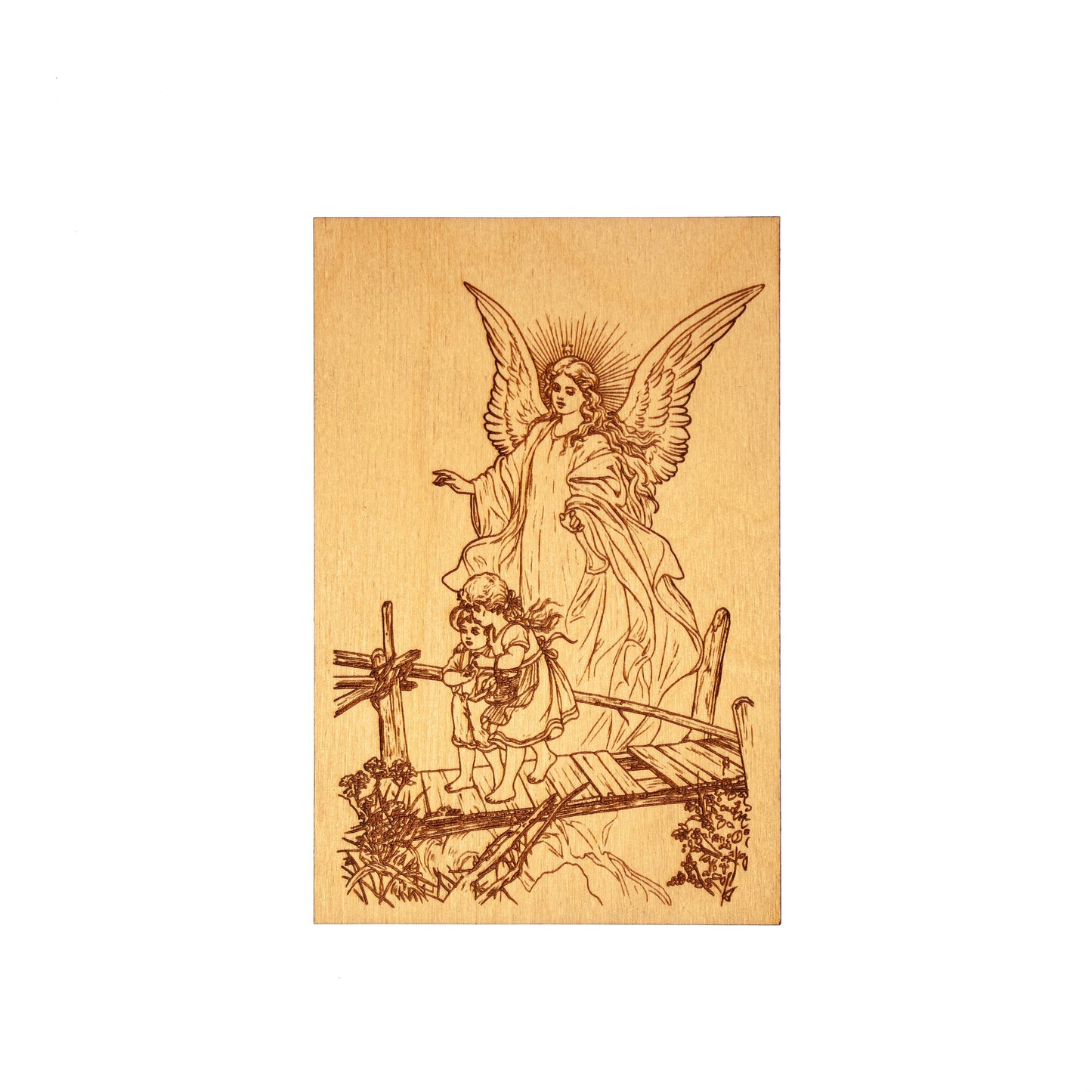 Guardian Angel Mini Wall Hanging – Hand-Colored - 4x6 Engraved Birch Wood Plaque – Made in the USA by SercelPress™ – Catholic Gift