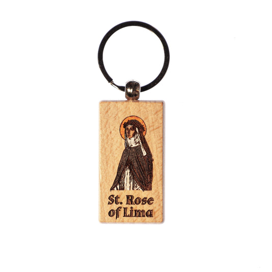 St. Rose of Lima Hand-Colored Keychain – Laser Engraved Solid Wood – Crafted in the USA — Catholic