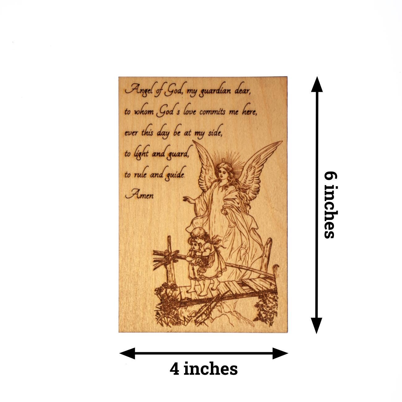 Guardian Angel Mini Wall Hanging – Hand-Colored - 4x6 Engraved Birch Wood Plaque – Made in the USA by SercelPress™ – Catholic Gift